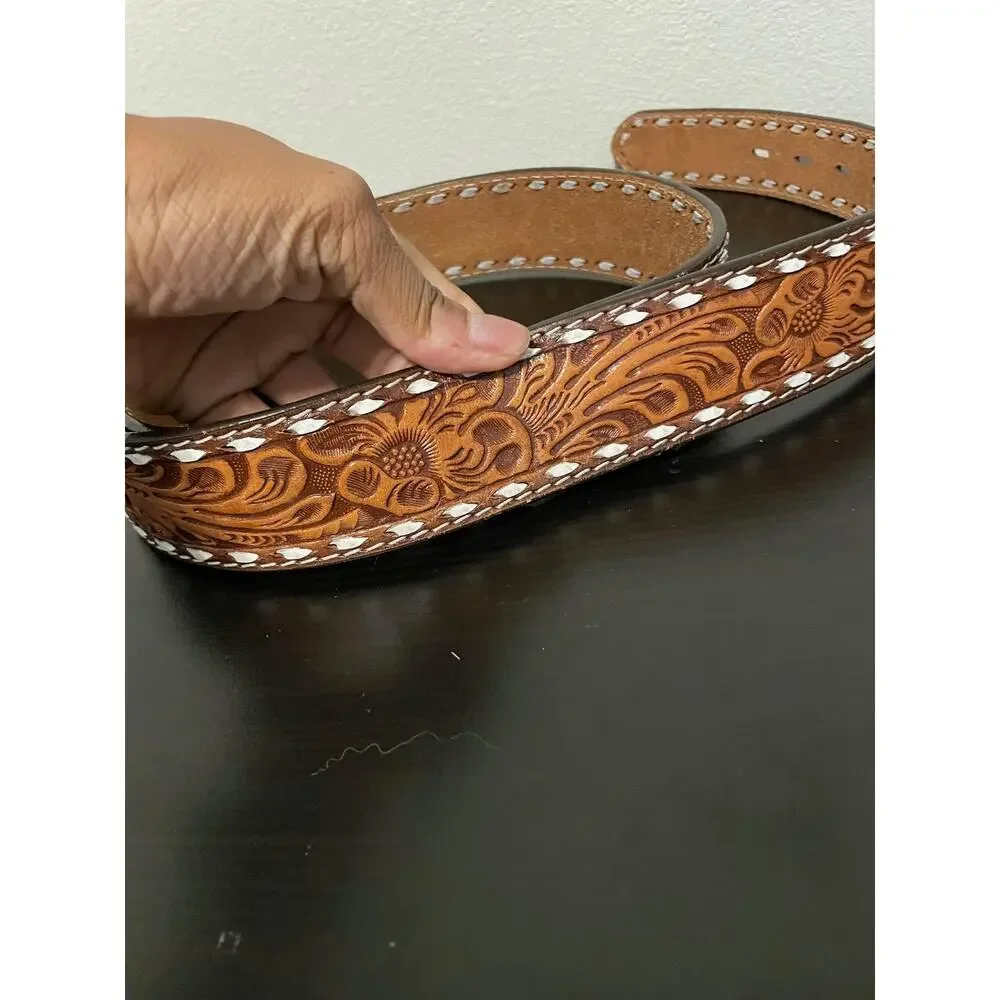 Western Belt Mens 44 Brown Leather Tooled Floral Name Juan No Buckle Cowboy READ